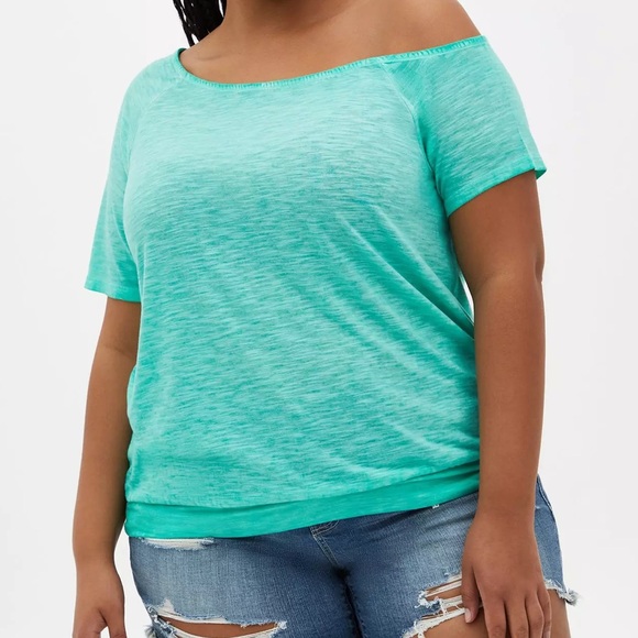 torrid Tops - Torrid Off-Shoulder Featherlight Slub Short Sleeve T Shirt green size 1X